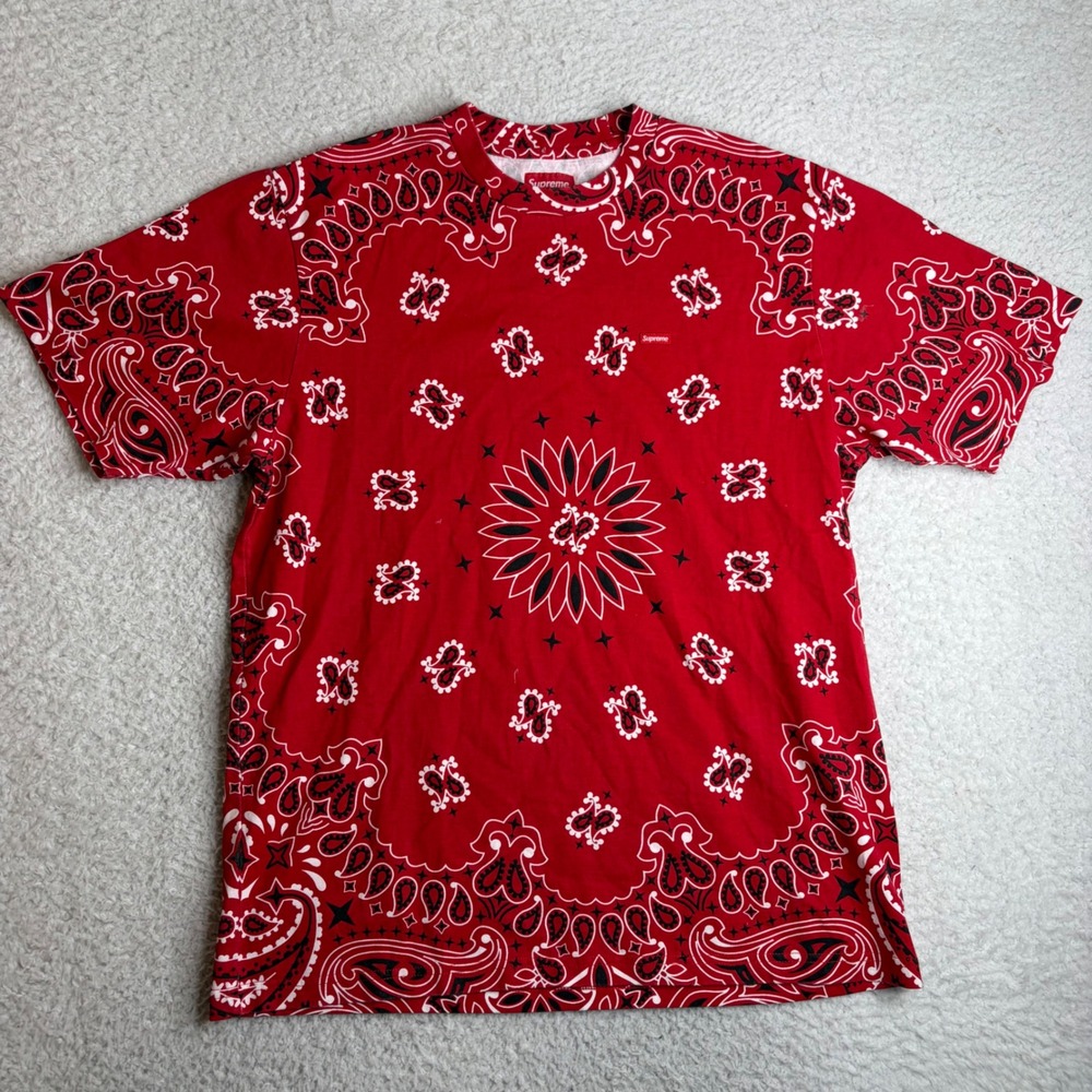 Supreme Bandana Small Box Logo Tee Red Paisley Print T-Shirt Mens Size M